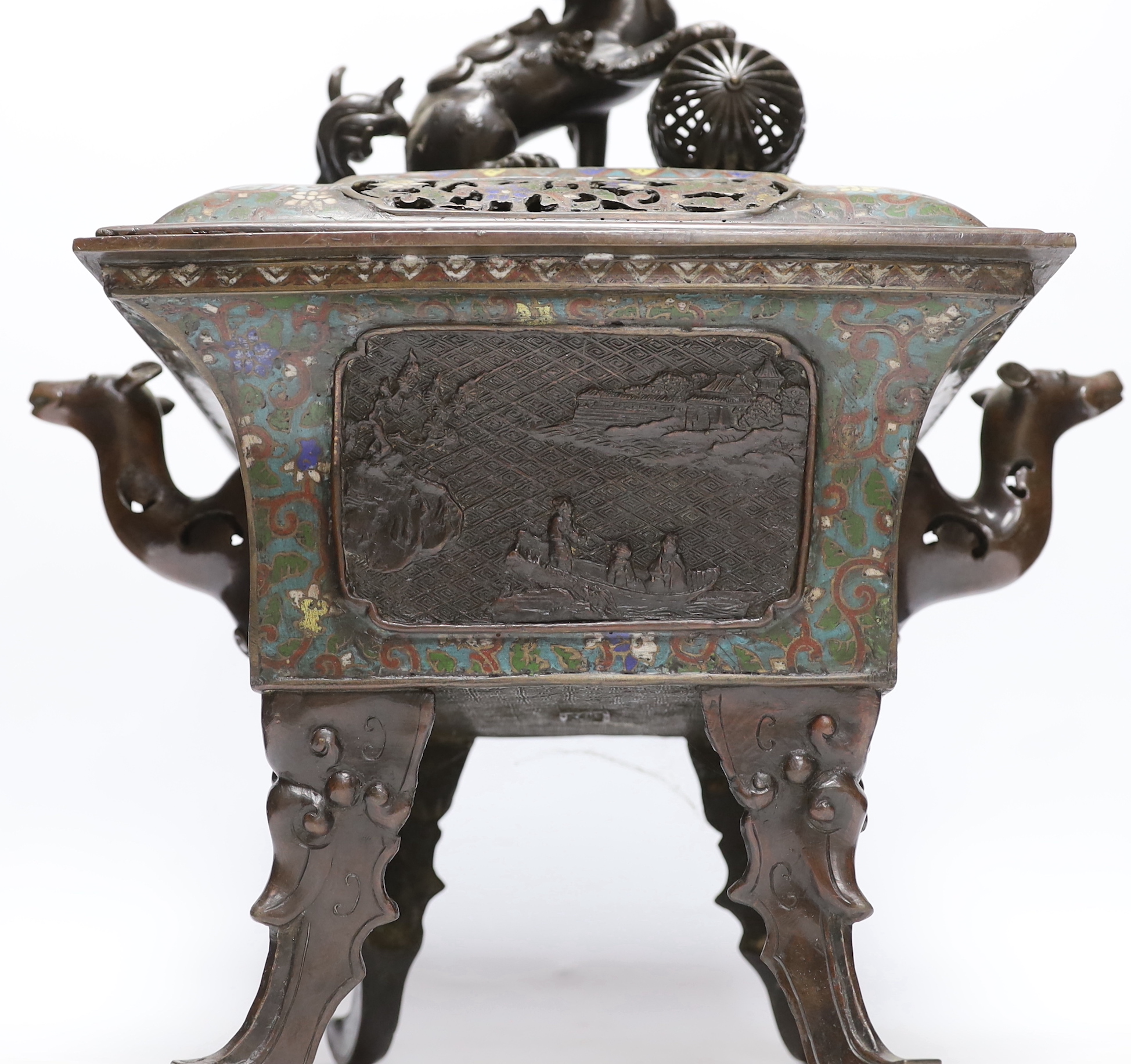 A Japanese bronze and champleve enamel koro and cover, late 19th century, 41cm high